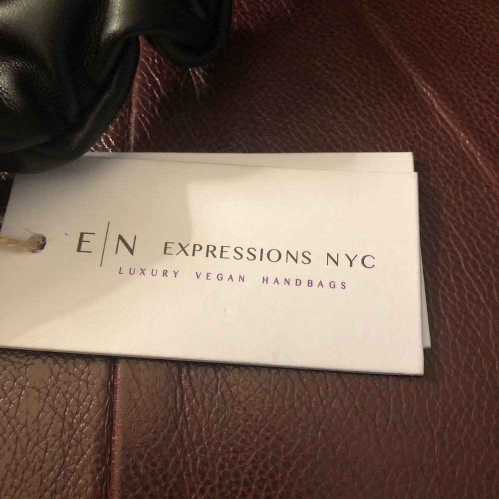 EN Expressions NYC Black Vegan Leather Handbag With Ruffle Handle - Picture 12 of 13